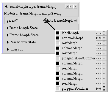 A core sampler
listing the submorphs in an outliner, with their colors (on the left) and their
resize modes (two buttons on the right).