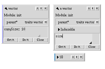 Cloning a vector. The object
on the left is the vector prototype, and the one on the right is the &ldquo;instance&rdquo;
that I have created by cloning the prototype, marked by the &ldquo;a&rdquo; before its name.